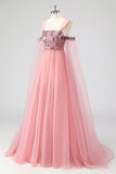 A Line Pink Cape Sleeves Off The Shoulder Sequins Formal Dress