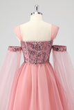 A Line Pink Cape Sleeves Off The Shoulder Sequins Formal Dress