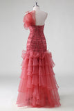 One Shoulder Red Tiered Ruffles Sequins Formal Dress