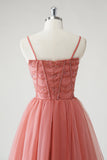 Blush A Line Spaghetti Straps Ruched Sequins Corset Formal Dress