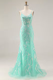 Mermaid Sequins Corset Long Mint Green Ball Dress with Embroidery
