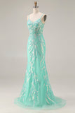 Mermaid Sequins Corset Long Mint Green Ball Dress with Embroidery