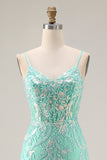 Mermaid Sequins Corset Long Mint Green Ball Dress with Embroidery