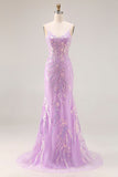 Sparkly Purple Mermaid Corset Sequins Long Ball Dress with Lace Appliques
