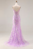Sparkly Purple Mermaid Corset Sequins Long Ball Dress with Lace Appliques