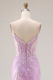 Sparkly Purple Mermaid Corset Sequins Long Ball Dress with Lace Appliques