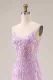 Sparkly Purple Mermaid Corset Sequins Long Ball Dress with Lace Appliques
