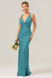 Dark Green Mermaid V Neck Ruched Satin Long Bridesmaid Dress with Lace Up Back