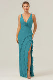 Dark Green Sheath Deep V Neck Backless Long Bridesmaid Dress with Ruffle Slit