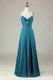 Keyhole Spaghetti Straps Royal Blue Bridesmaid Dress with Slit