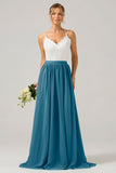 Lvory Open Back Boho Chiffon Long Bridesmaid Dress with Lace