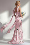 Mermaid Pink Strapless Floral Printed Long Bridesmaid Dress with Slit