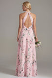 Pink A-Line Halter Neck Floral Long Bridesmaid Dress