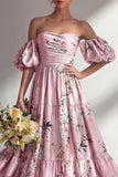 A-Line Pink Strapless Floral Long Bridesmaid Dress with Puff Sleeves