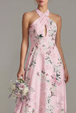 Pink A-Line Halter Neck Floral Long Bridesmaid Dress