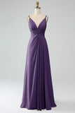 Royal Blue A-Line Spaghetti Straps Pleated Chiffon Long Bridesmaid Dress