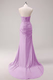 Mermaid Applique Strapless Corset Long Fuchsia Prom Dress with Slit