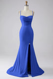 Light Blue Sparkly Mermaid Spaghetti Straps Long Ball Dress with Slit