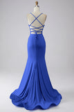 Light Blue Sparkly Mermaid Spaghetti Straps Long Ball Dress with Slit