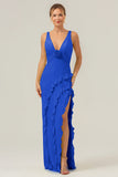 Royal Blue Sheath Deep V Neck Backless Long Bridesmaid Dress with Ruffle Slit