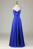 Keyhole Spaghetti Straps Royal Blue Bridesmaid Dress with Slit