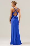 Royal Blue Mermaid V Neck Ruched Satin Long Bridesmaid Dress with Lace Up Back