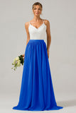 Royal Blue Open Back Boho Chiffon Long Bridesmaid Dress with Lace