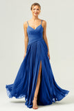 Royal Blue A-Line Spaghetti Straps Pleated Chiffon Bridesmaid Dress with Slit