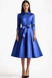 Blue A Line Flared Front Button Closures Mid Length Formal Dress with Long Sleeves