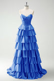 Burgundy Princess Sweetheart Beaded Tiered Corset Long Prom Dress with Slit