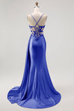 Champagne Mermaid Sheer Corset Beaded Side Streamer Long Prom Dress with Slit
