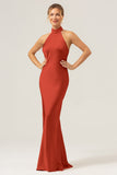 Champagne Sheath Halter Long Bridesmaid Dress With Slit