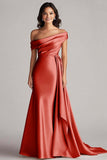 One Shoulder Pleated Champagne Sheath Long Formal Dress