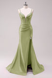 Dark Green Mermaid Spaghetti Straps Corset Sequin Prom Dress with Slit