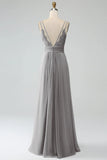 Sunset A-Line Spaghetti Straps Pleated Chiffon Long Bridesmaid Dress