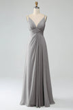 Sunset A-Line Spaghetti Straps Pleated Chiffon Long Bridesmaid Dress