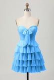 Yellow Strapless A Line Tiered Homecoming Dress with Bow