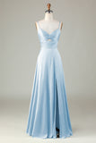 Keyhole Spaghetti Straps Royal Blue Bridesmaid Dress with Slit