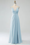 Sunset A-Line Spaghetti Straps Pleated Chiffon Long Bridesmaid Dress