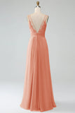 Sunset A-Line Spaghetti Straps Pleated Chiffon Long Bridesmaid Dress