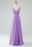 Sunset A-Line Spaghetti Straps Pleated Chiffon Long Bridesmaid Dress