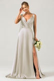 Dark Green A-Line Ruched Spaghetti Straps Long Bridesmaid Dress with Slit