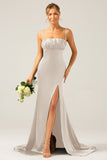 Dusty Sage Mermaid Spaghetti Straps Satin Pleated Prom Dress