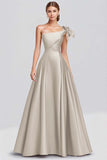 Dark Green A Line One Shoulder Bow Satin Long Formal Dress