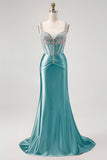 Mermaid Spaghetti Straps Corset Blush Long Prom Dress with Rhinestones