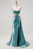 Champagne Mermaid Sheer Corset Beaded Side Streamer Long Prom Dress with Slit