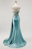 Champagne Mermaid Sheer Corset Beaded Side Streamer Long Prom Dress with Slit