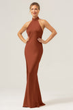 Champagne Sheath Halter Long Bridesmaid Dress With Slit