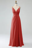 Sunset A-Line Spaghetti Straps Pleated Chiffon Long Bridesmaid Dress