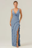 Royal Blue Sheath Deep V Neck Backless Long Bridesmaid Dress with Ruffle Slit